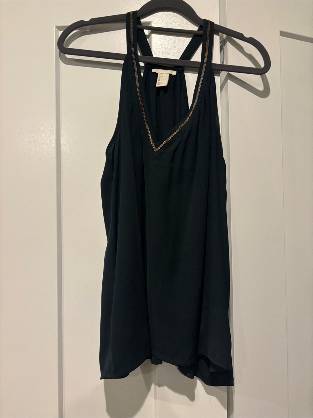 H&M dark green Racerback V-Neck Tank with Gold Metallic Trim